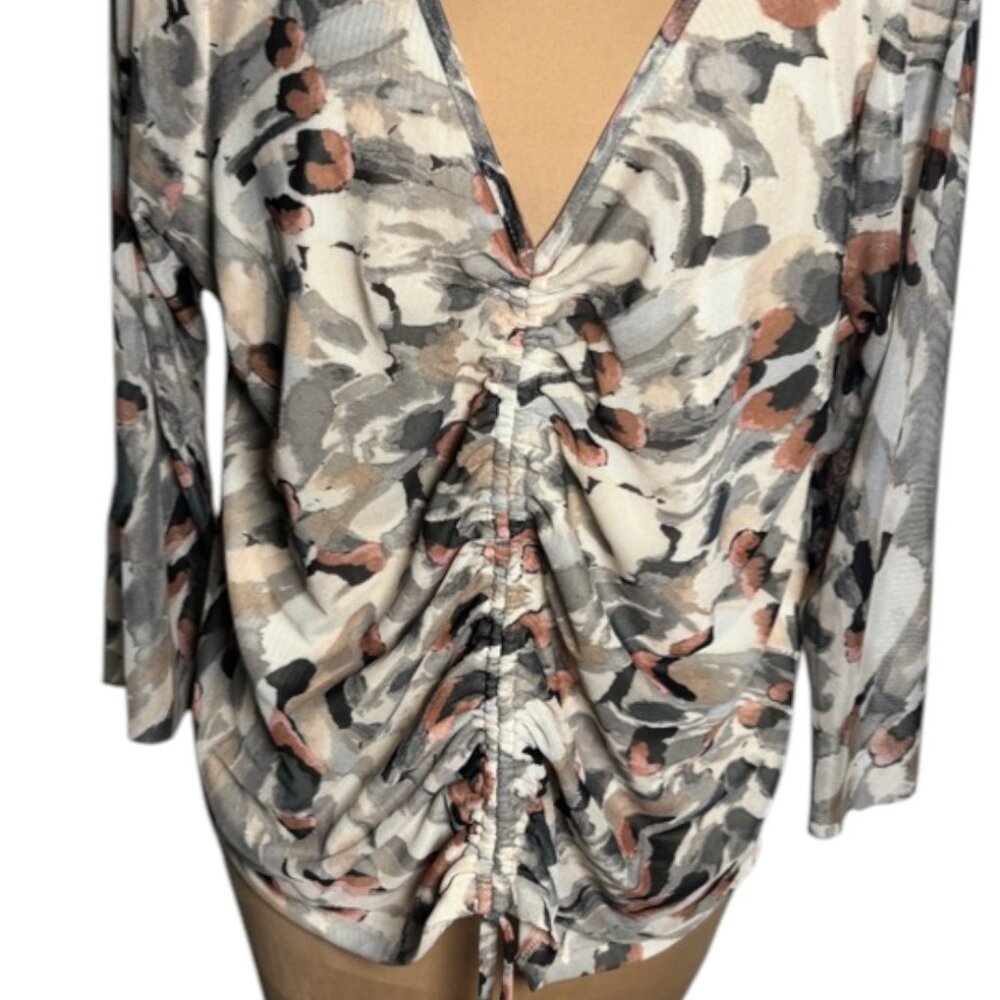 Cyrus Ruched Mesh Floral V-Neck Blouse 3/4 Sleeve Drawstring Top XL - Picture 5 of 7